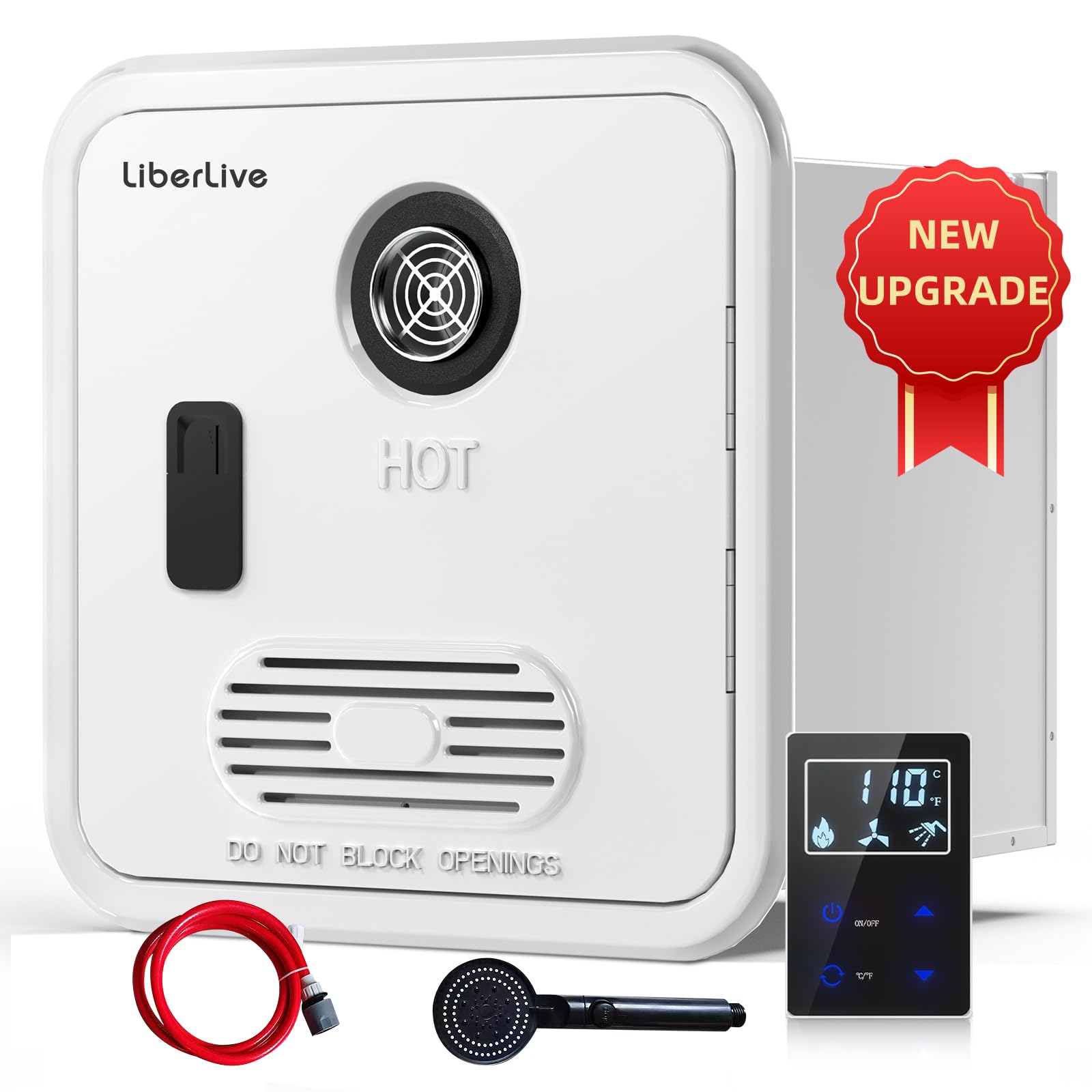 RV Tankless Water Heater, On Demand Instant Propane Gas RV Hot Water Heater, DC 12V, 16 x 16 inch Door & Front Water Outlet, 550